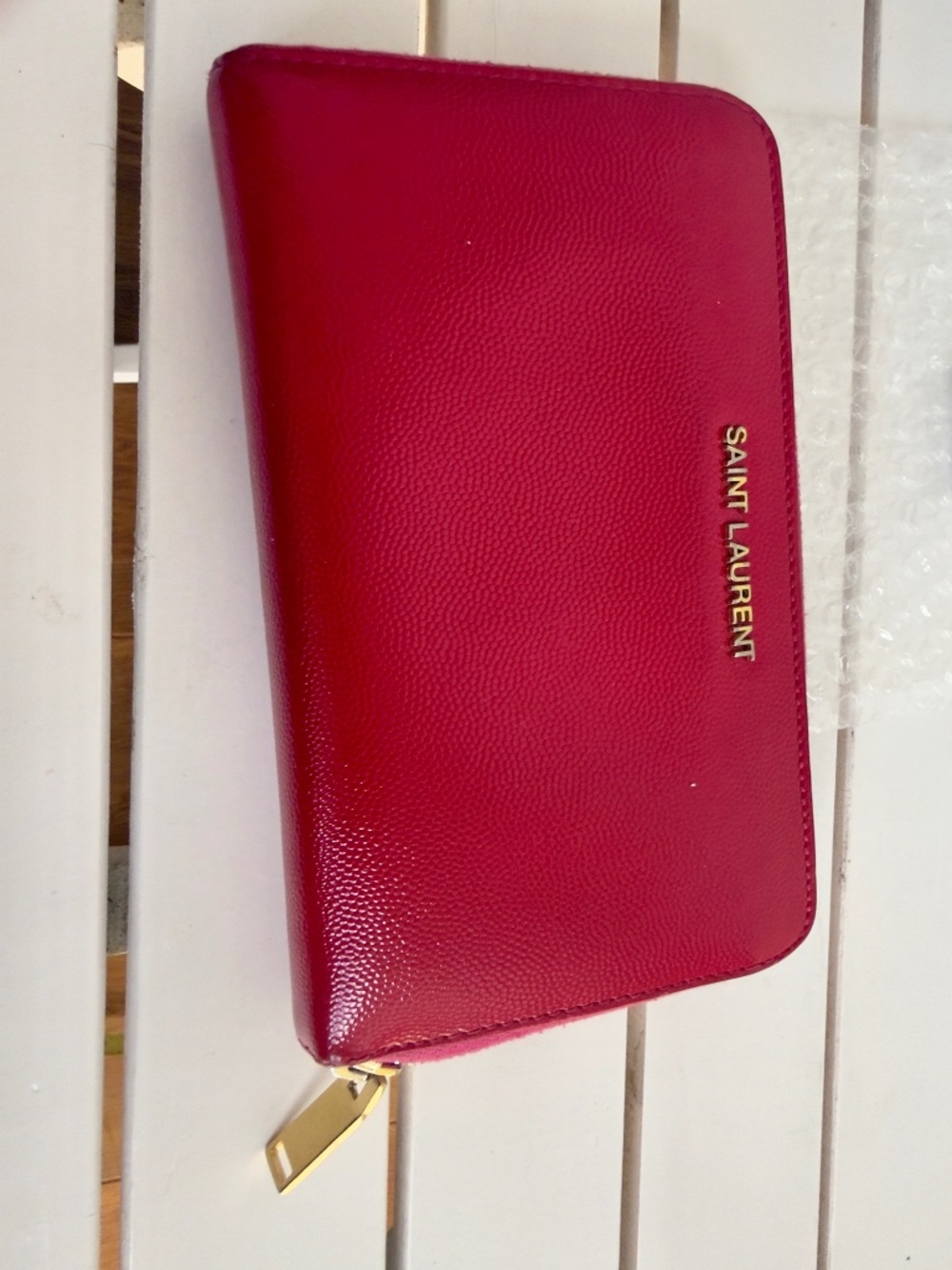 Saint Laurent YSL Paris Pink Leather Zip Around Wallet COA